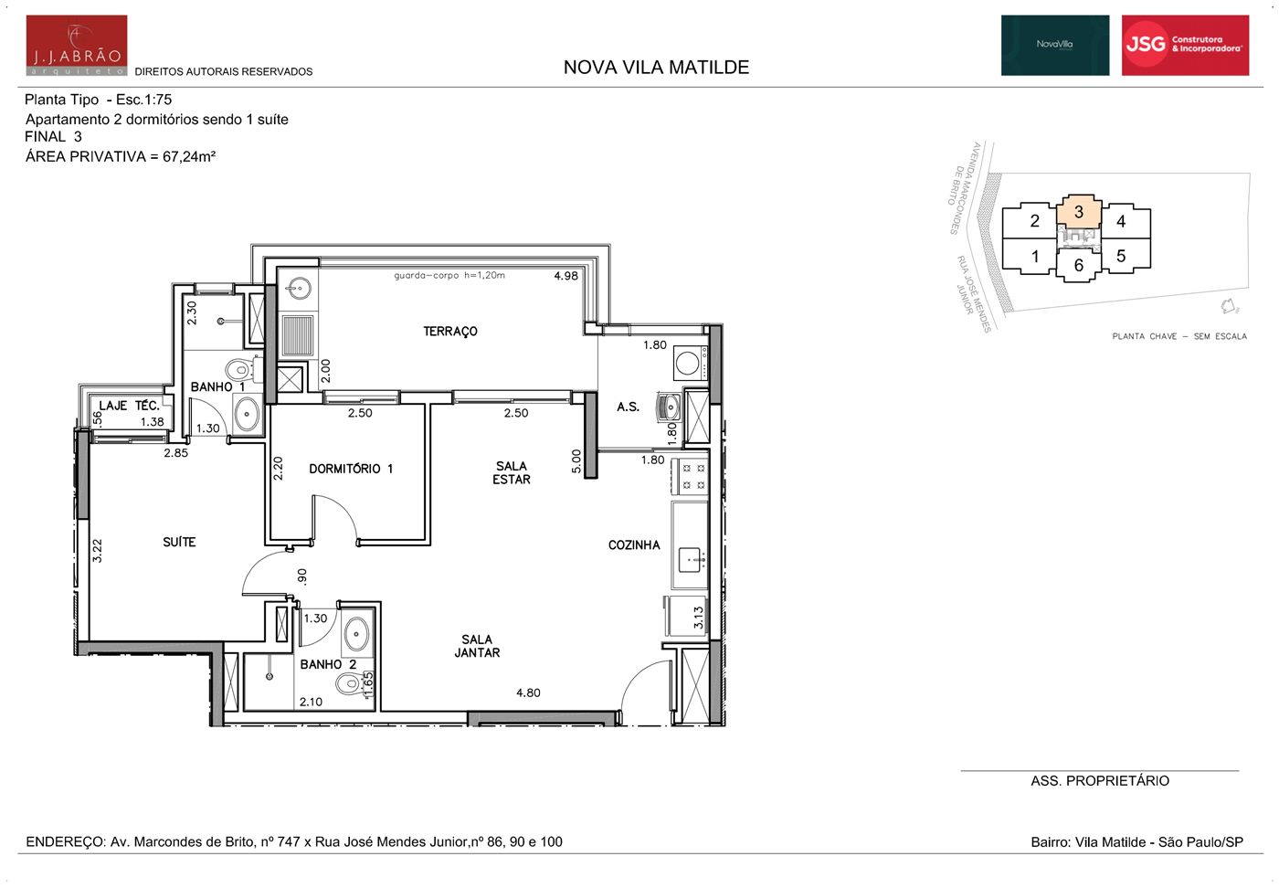 Planta — 67 m², 2 dormitórios (1 suíte), final 3