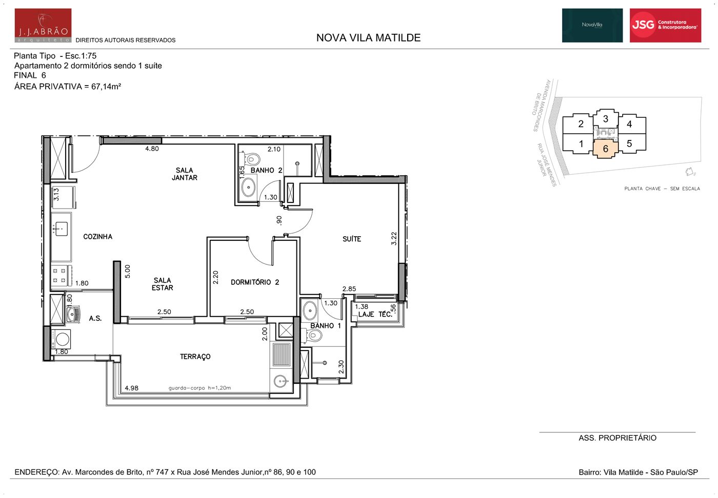 Planta — 67 m², 2 dormitórios (1 suíte), final 6