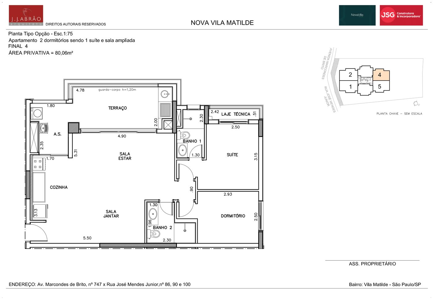 Planta — 80 m², 2 suítes, opção ampliada, final 4