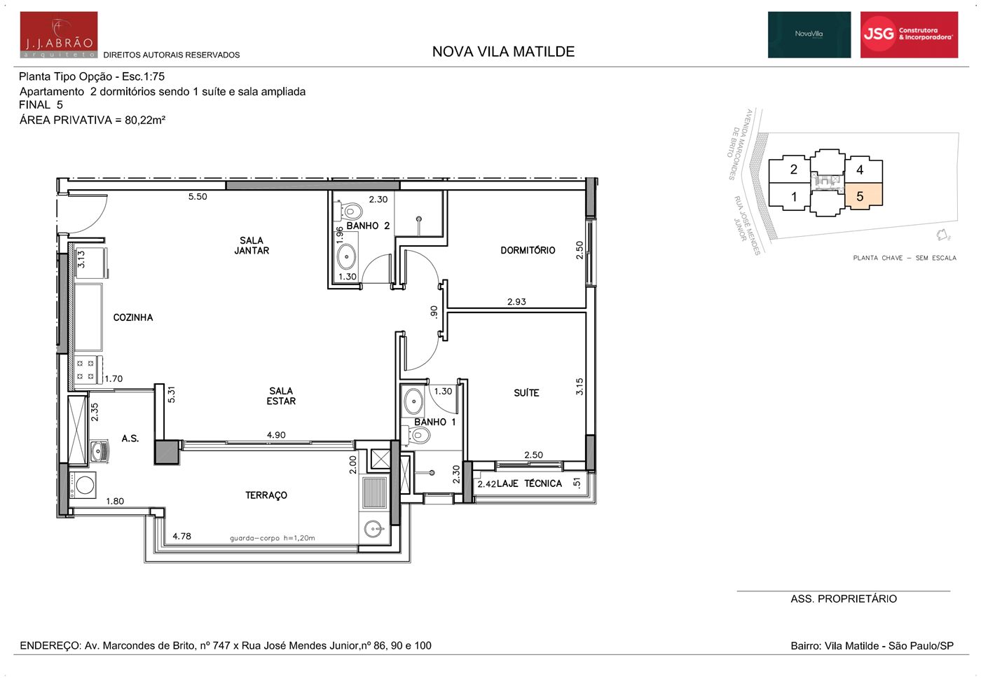 Planta — 80 m², 2 suítes, opção ampliada, final 5