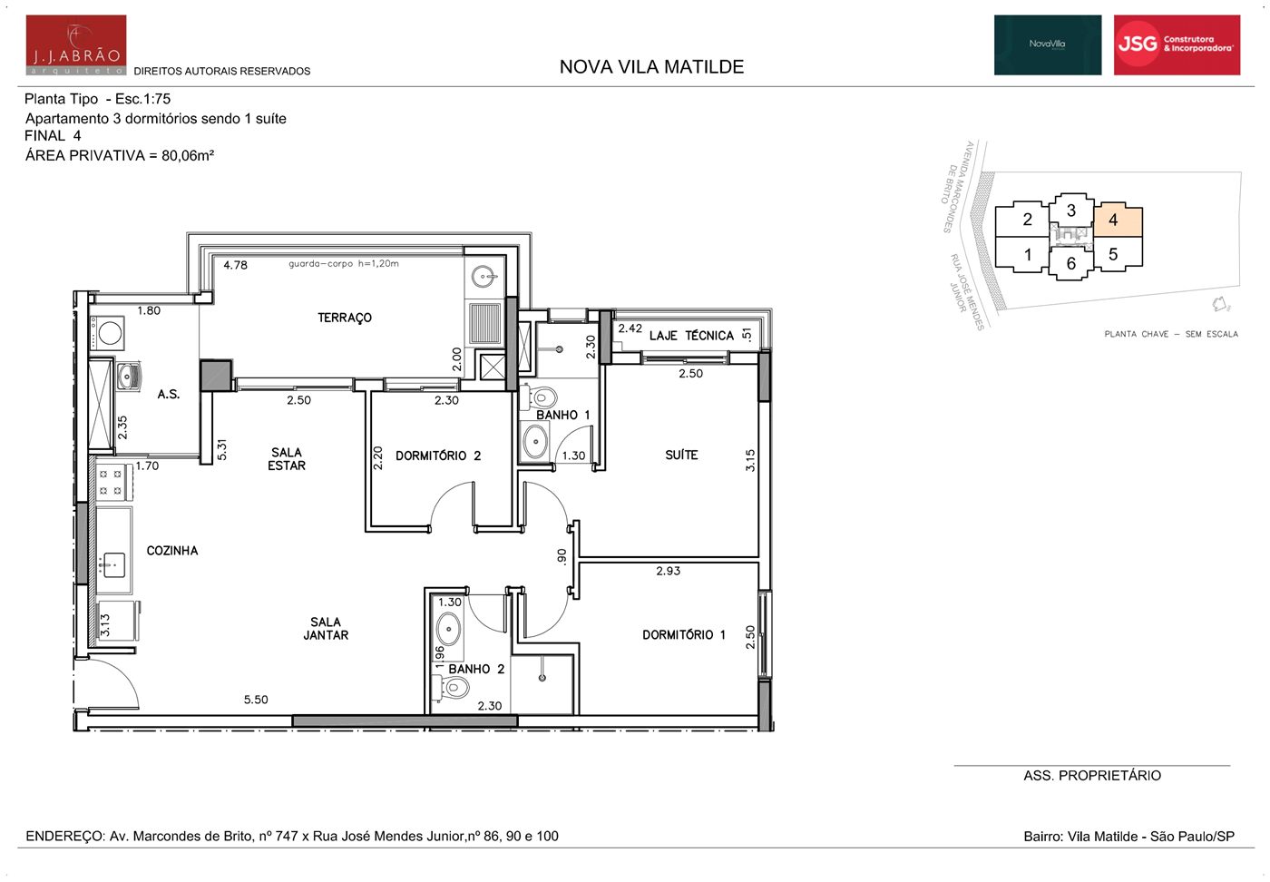 Planta — 80 m², 3 dormitórios (1 suíte), final 4