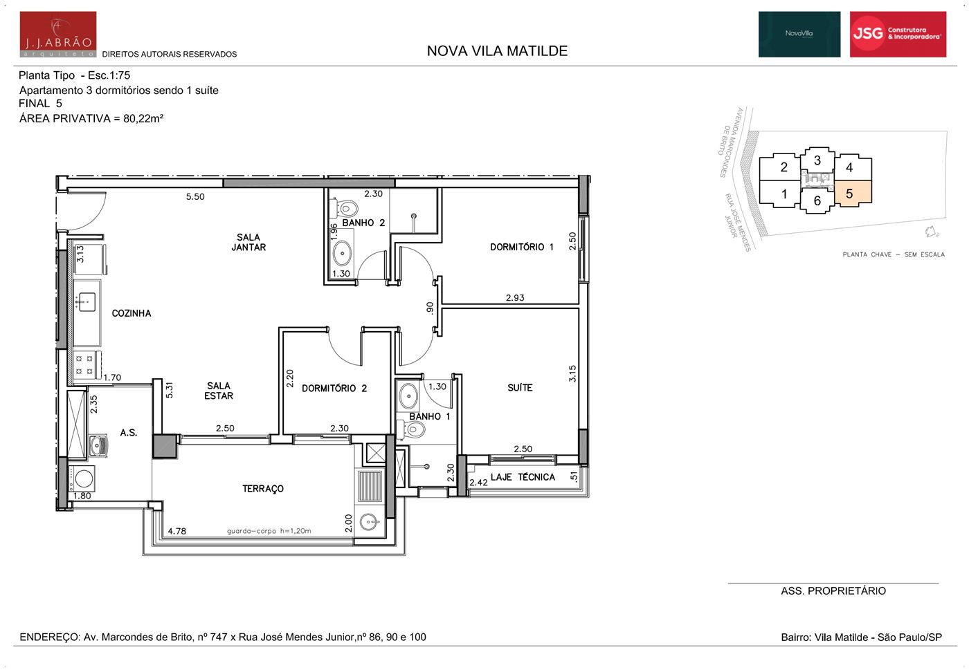 Planta — 80 m², 3 dormitórios (1 suíte), final 5