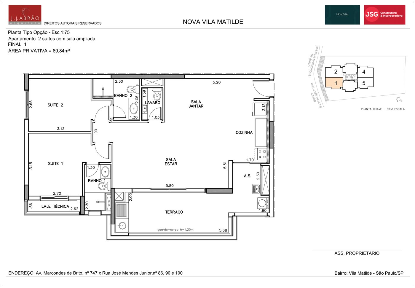 Planta — 89 m², 2 suítes, opção ampliada, final 1