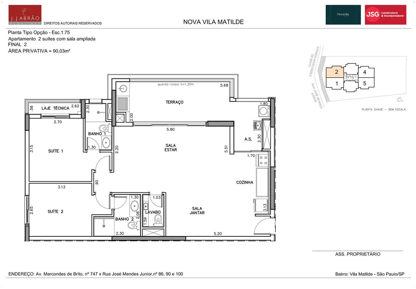 Planta — 90 m², 2 suítes, opção ampliada, final 2