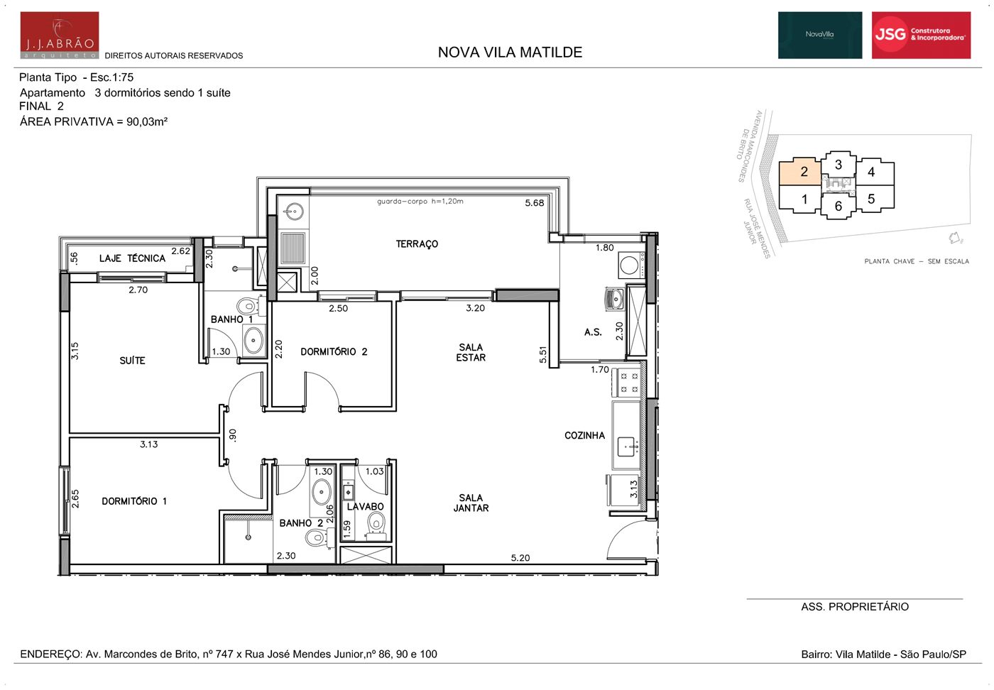 Planta — 90 m², 3 dormitórios (1 suíte), com lavabo, final 2
