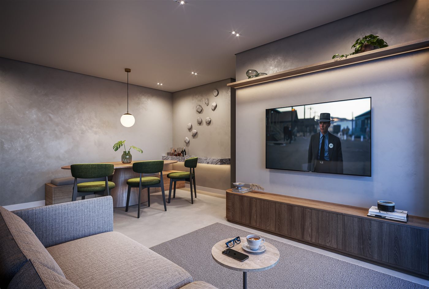Living do apartamento decorado de 67 m², 2 dormitórios (1 suíte)