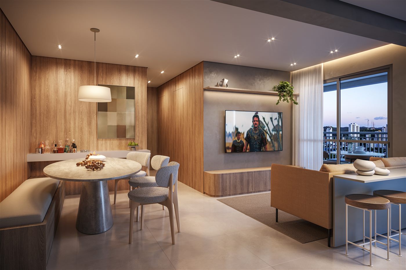 Living do apartamento decorado de 80 m², 3 dormitórios (1 suíte)