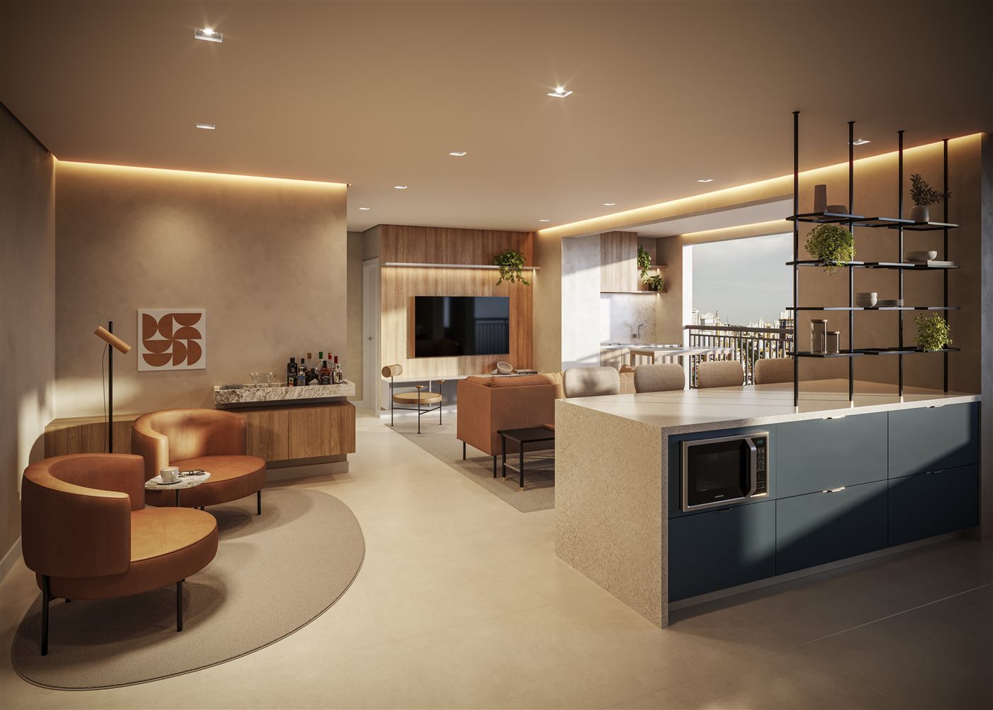 Living do apartamento decorado de 90 m², opção ampliada, 2 suítes