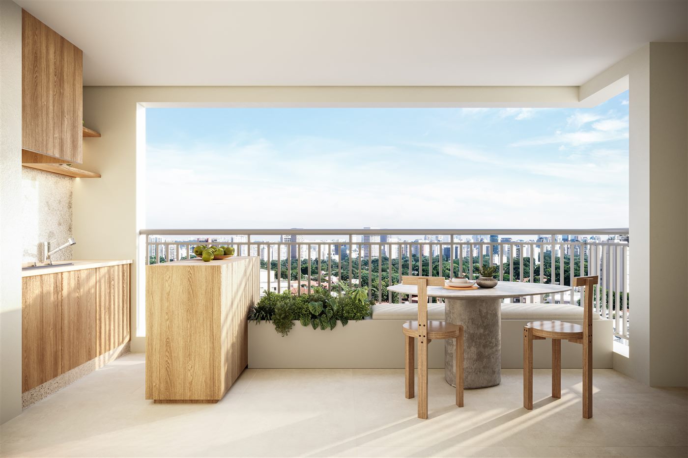Terraço do apartamento decorado de 67 m², 2 dormitórios (1 suíte)