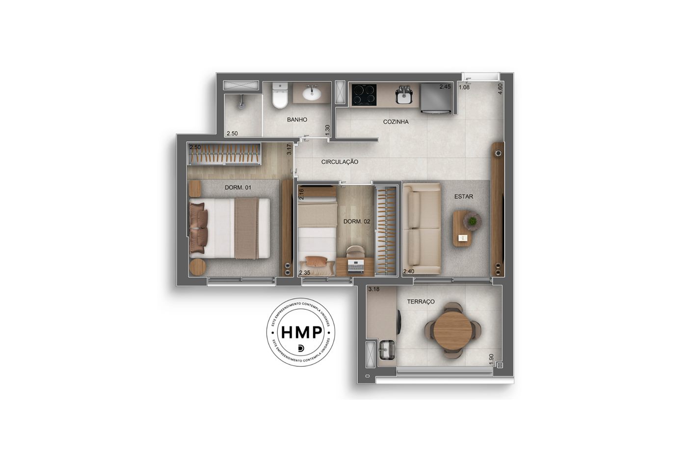 Planta — Torre 1, 45 m², 2 dormitórios