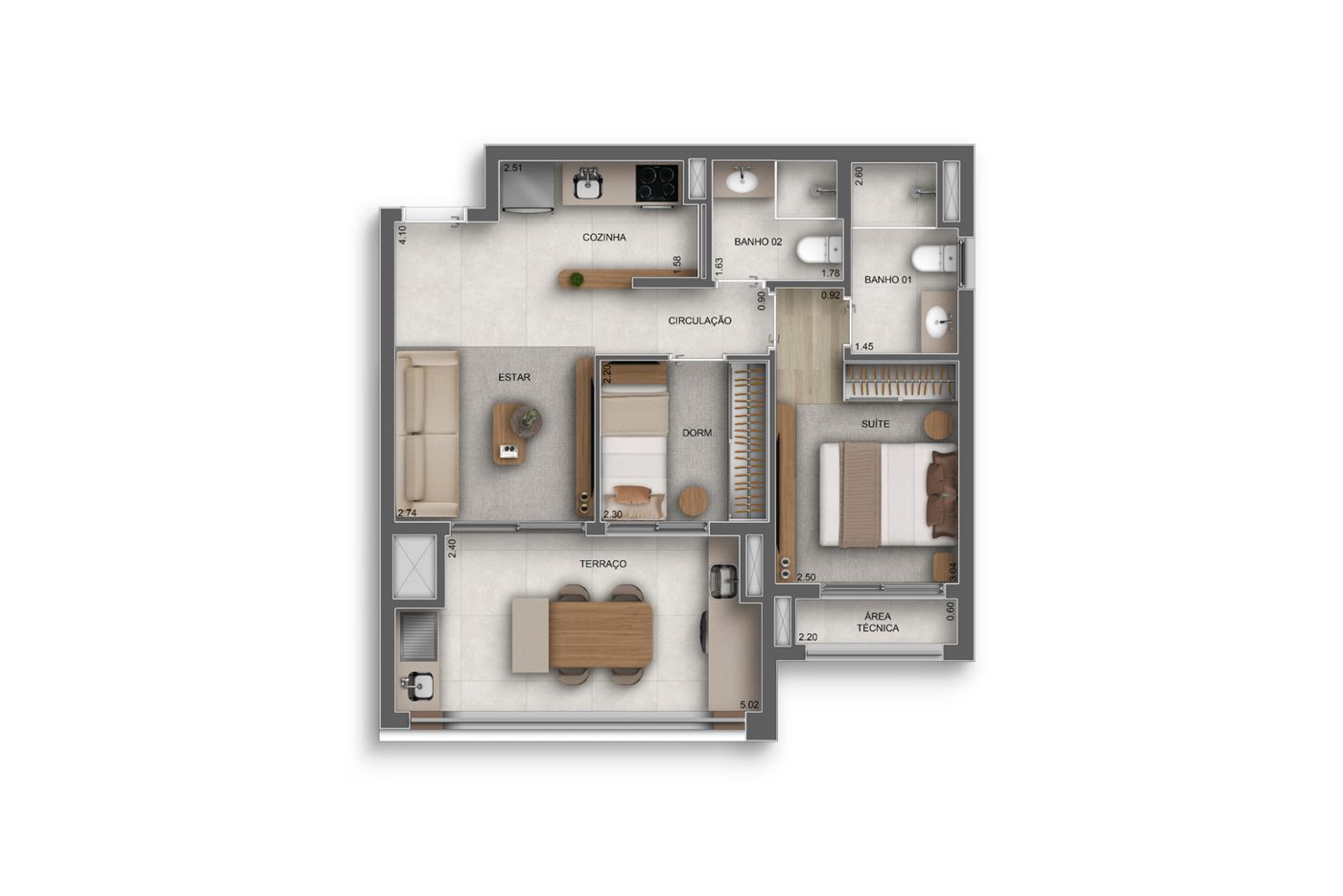 Planta — Torre 1, 59 m², 2 dormitórios (1 suíte)