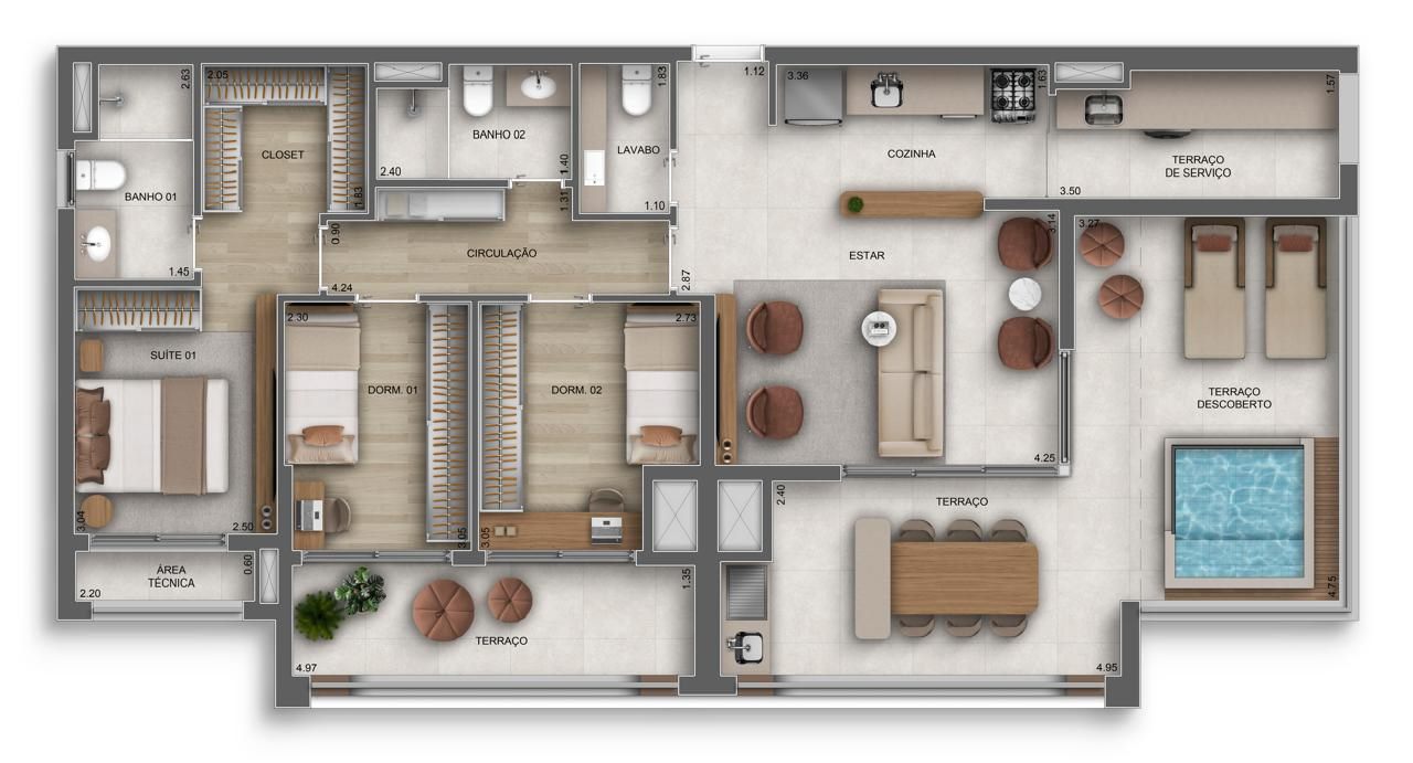 Planta — Torre 1, Penthouse 122 m², cobertura