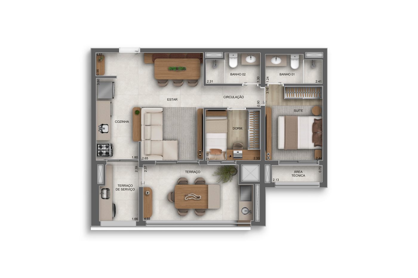 Planta — Torre 2, 69 m², 2 dormitórios (1 suíte)