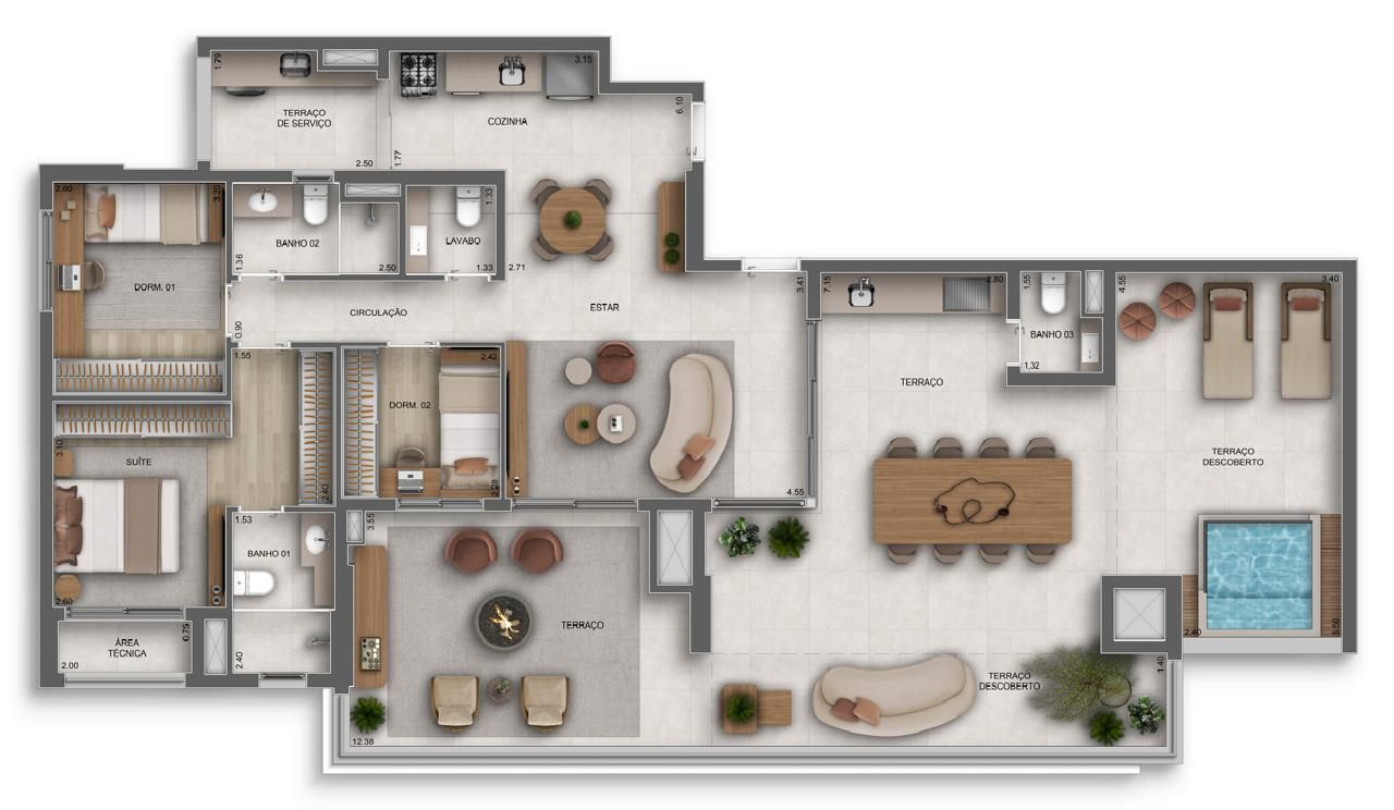 Planta — Torre 2, Penthouse 168 m², cobertura
