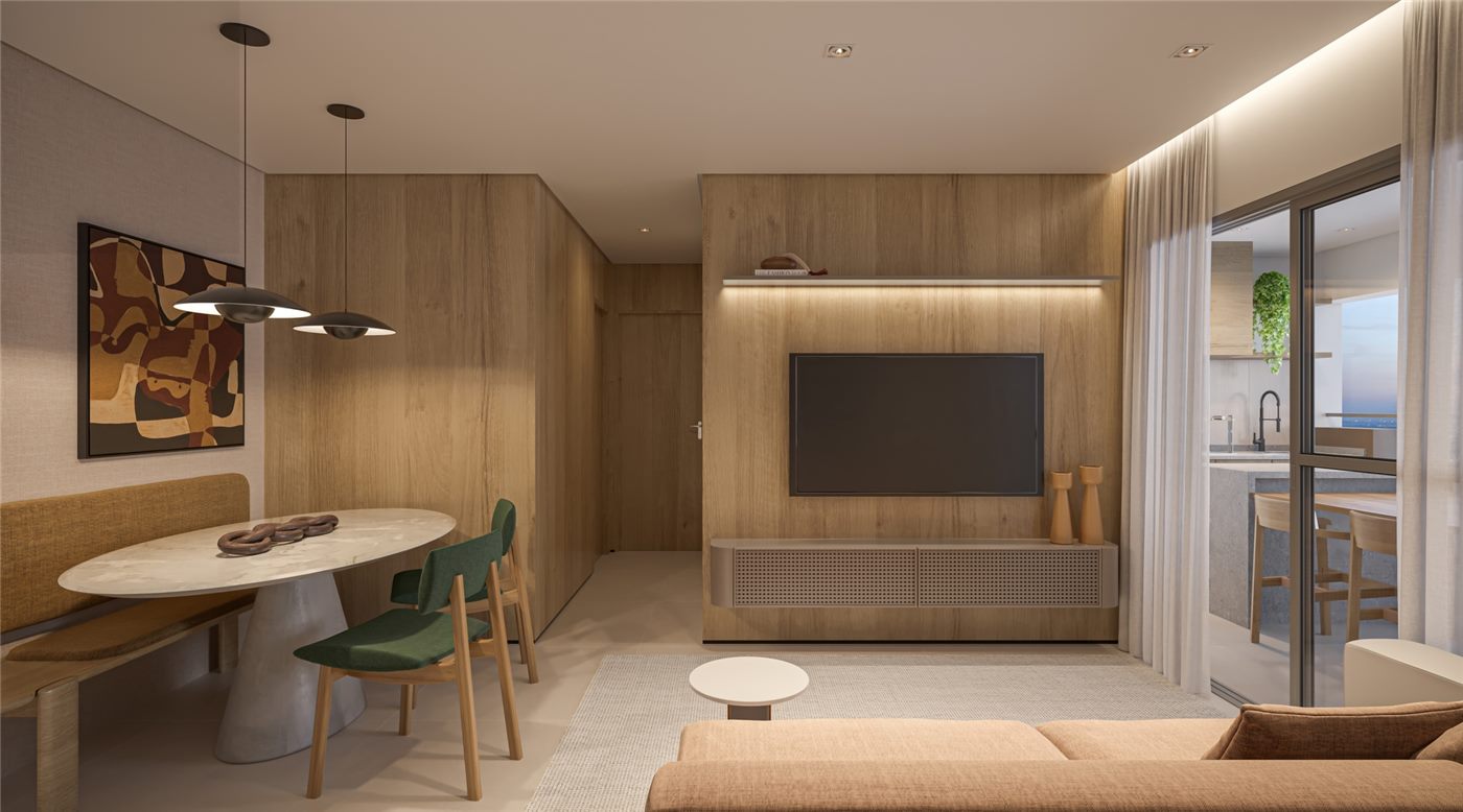 Living do apartamento decorado de 69 m², Torre 2