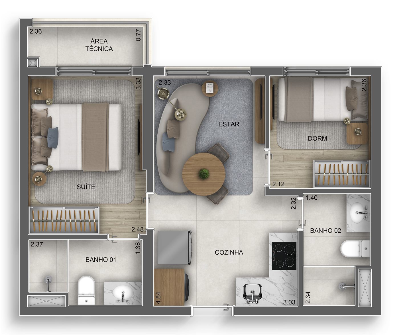 Planta — 41 m², 2 dormitórios (1 suíte), Home Spaces