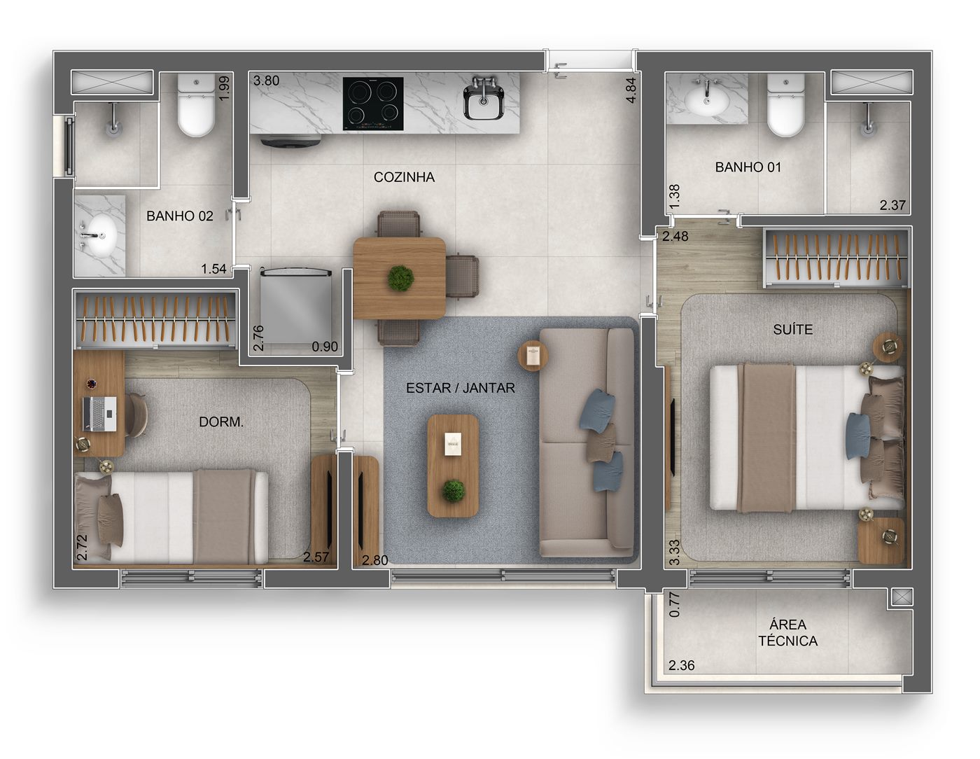 Planta — 46 m², 2 dormitórios (1 suíte), Home Spaces
