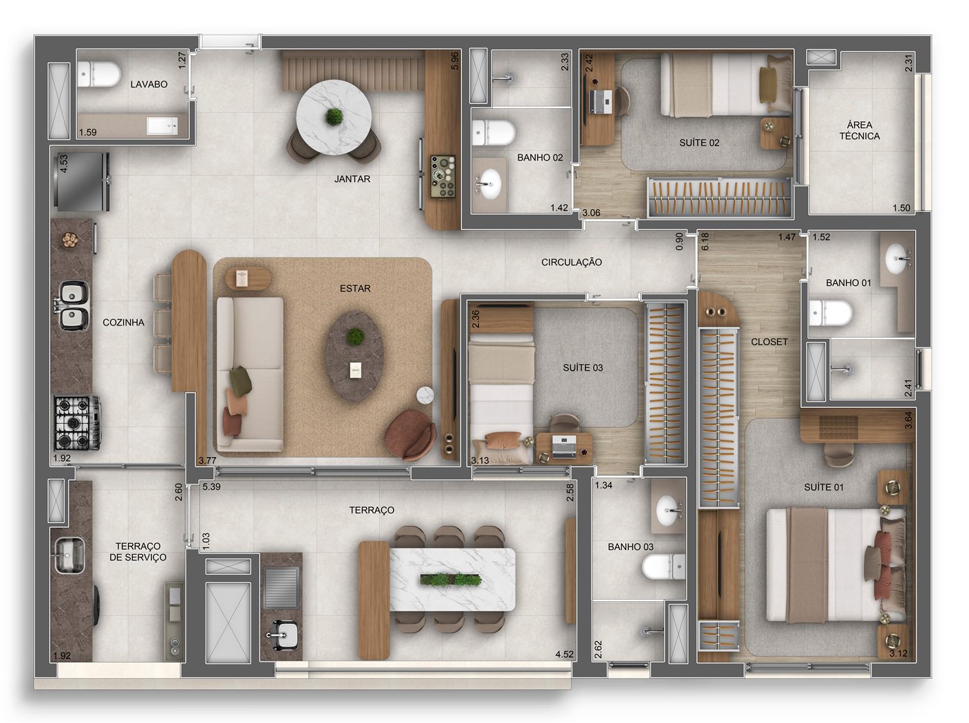 Planta — 113 m², 3 suítes, Residences