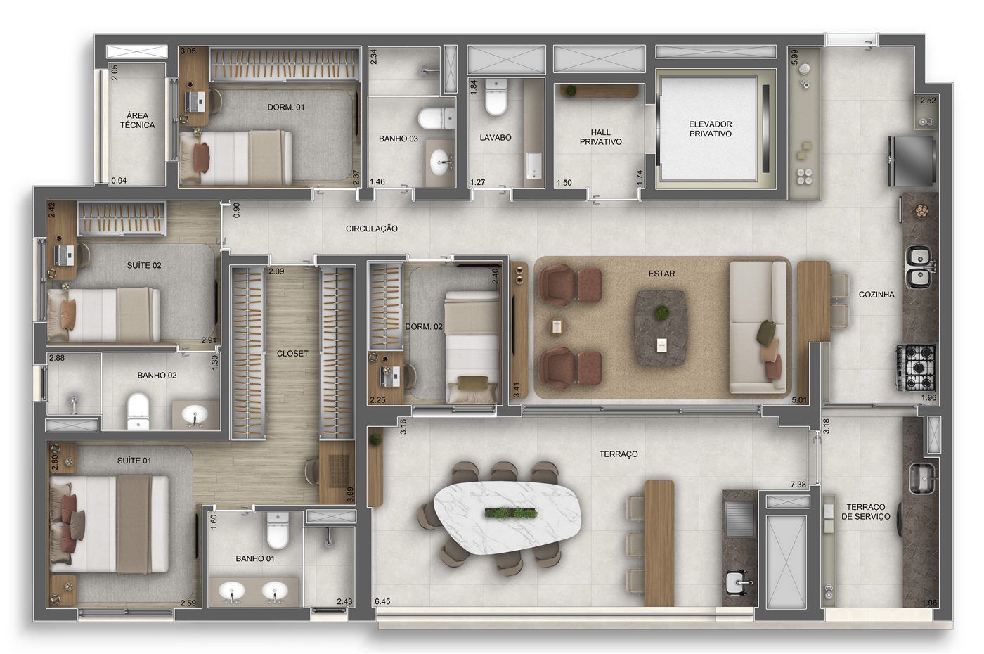 Planta — 131 m², 2 suítes + 2 dormitórios, com lavabo, Residences