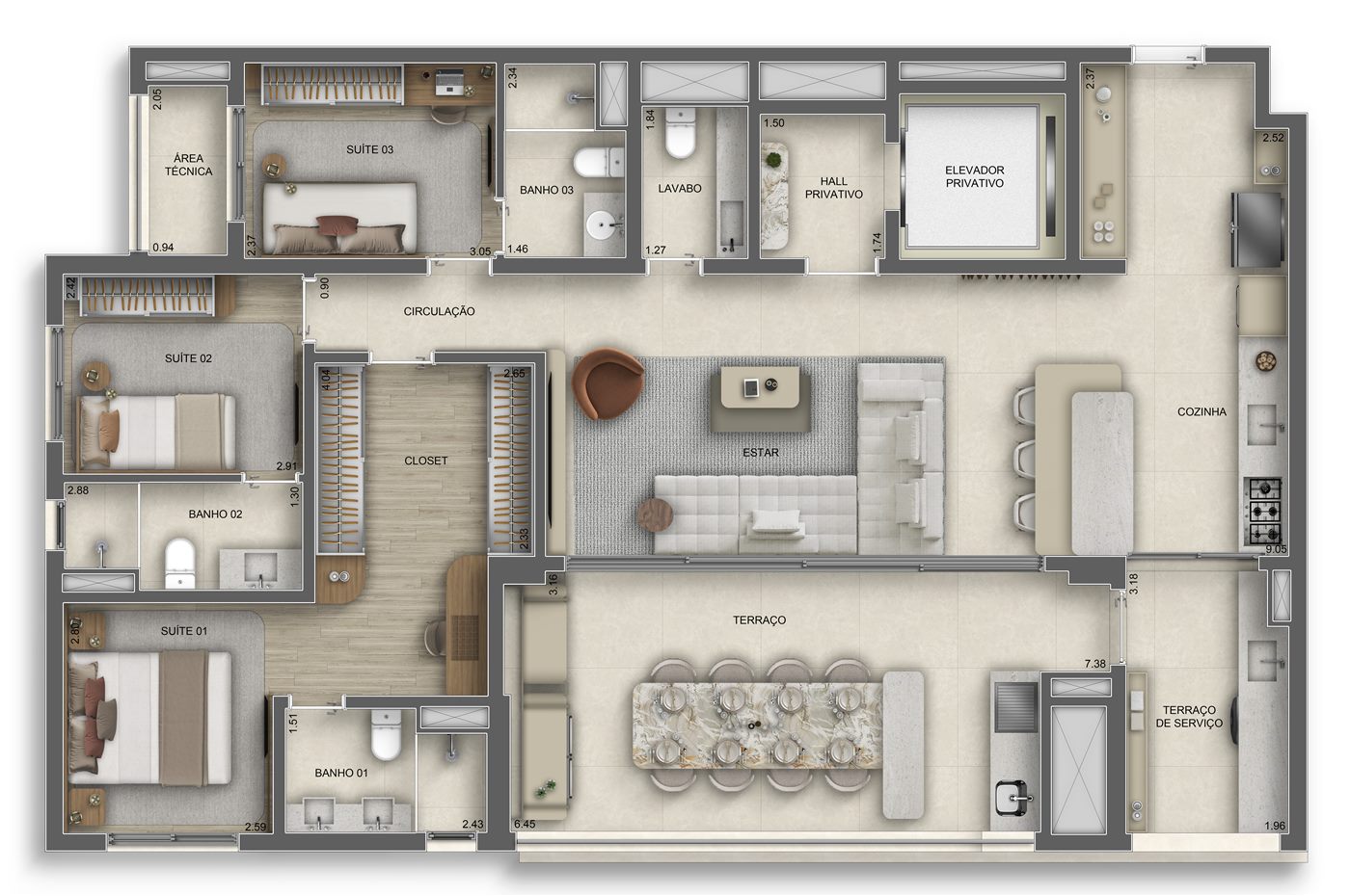 Planta — 137 m², 4 dormitórios (2 suítes), Residences