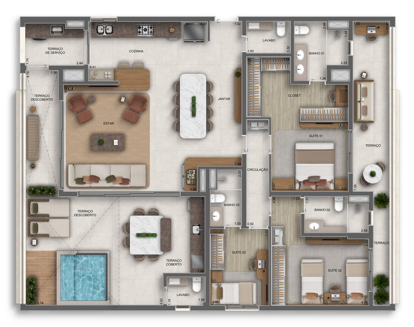 Planta — Penthouse 162 m², 3 suítes, Residences