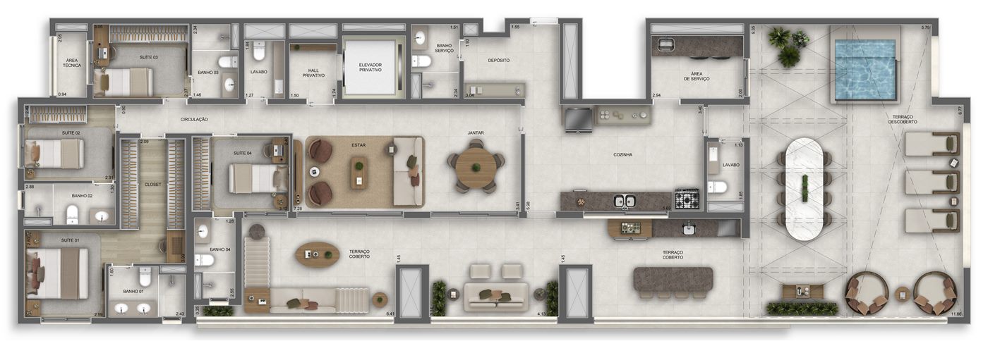 Planta — Penthouse 215 m², 4 suítes, Residences