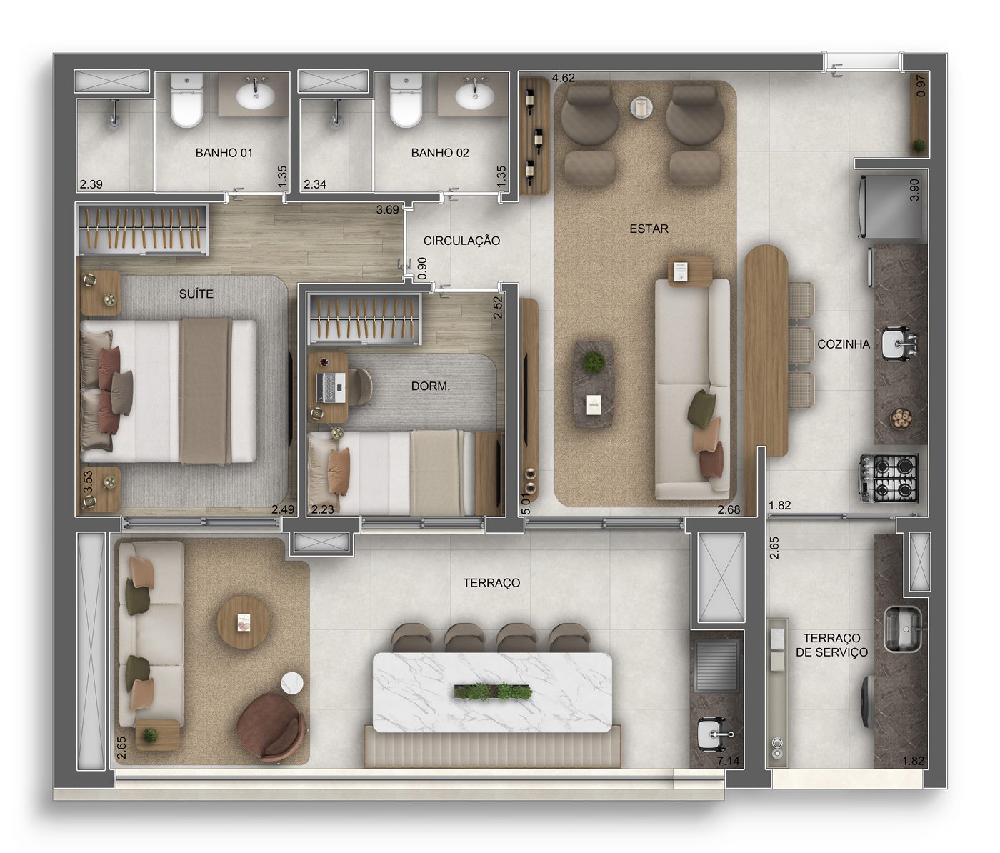 Planta — 79 m², 2 dormitórios (1 suíte), Residences