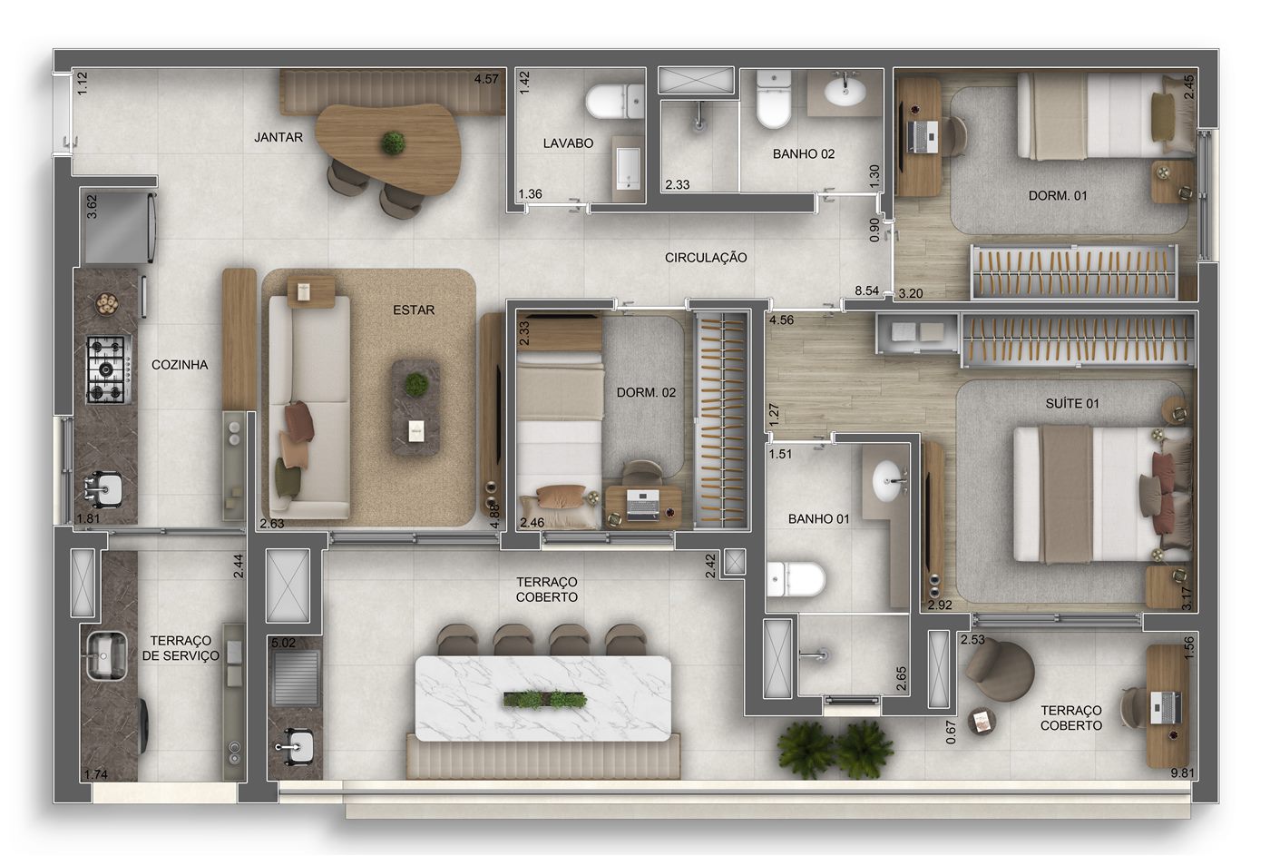 Planta — 95 m², 3 dormitórios (1 suíte), Residences