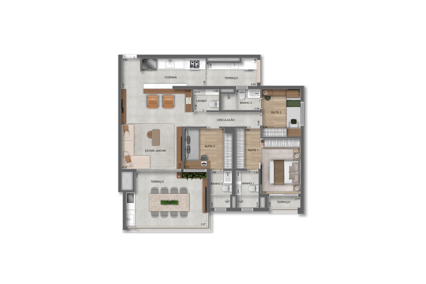 Planta — 121 m², 3 suítes, com lavabo, Residences