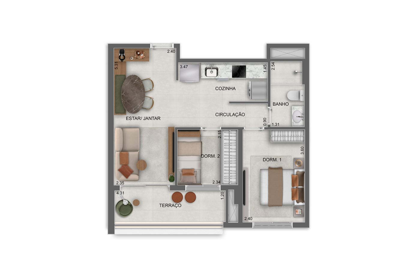 Planta — 52 m², 2 dormitórios, Residences