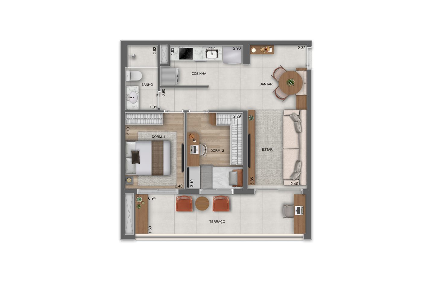 Planta — 61 m², 2 dormitórios, Residences