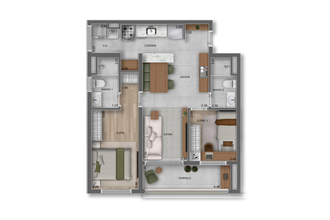 Planta — 65 m², 2 dormitórios (1 suíte), Residences