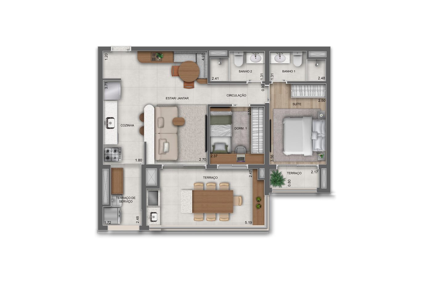 Planta — 76 m², 2 dormitórios (1 suíte), Residences