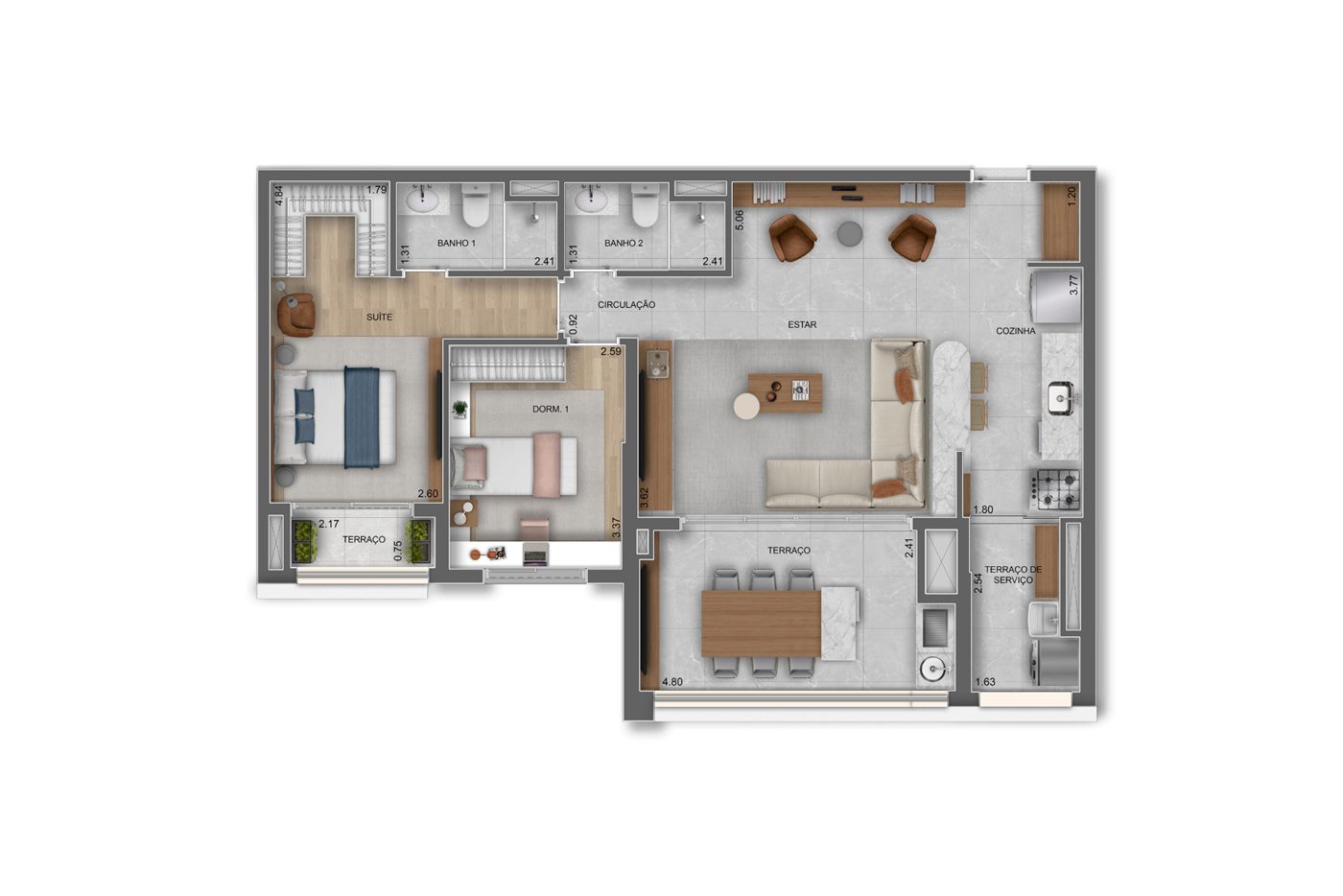 Planta — 90 m², 2 dormitórios (1 suíte), opção ampliada, Residences