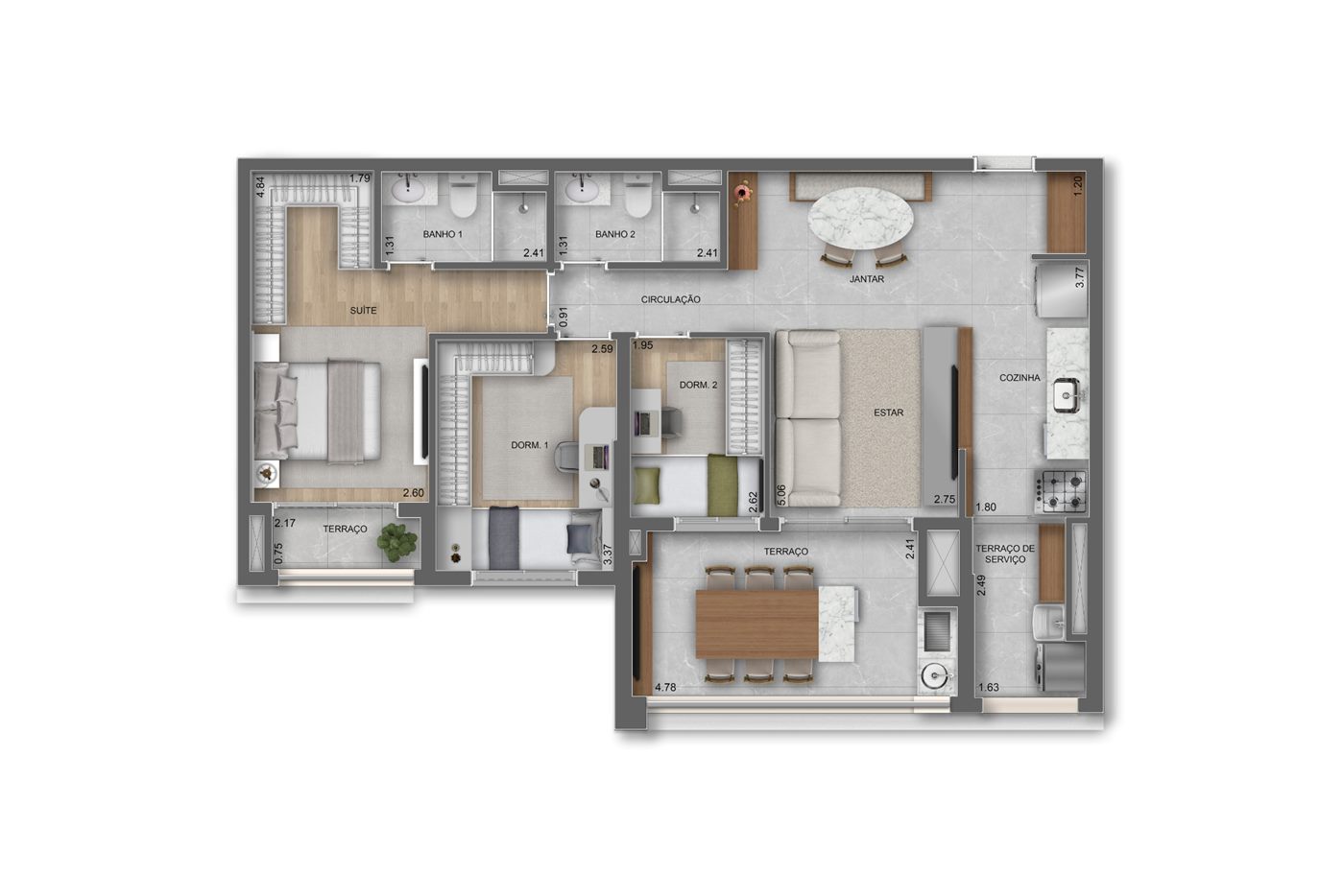 Planta — 90 m², 3 dormitórios (1 suíte), Residences