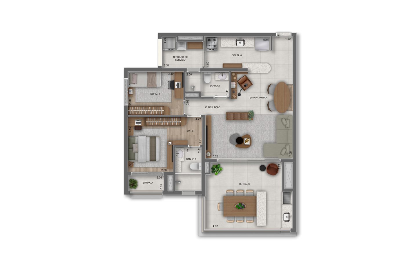 Planta — 97 m², 2 dormitórios (1 suíte), opção ampliada, Residences