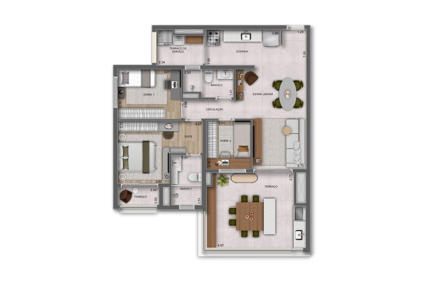 Planta — 97 m², 3 dormitórios (1 suíte), Residences