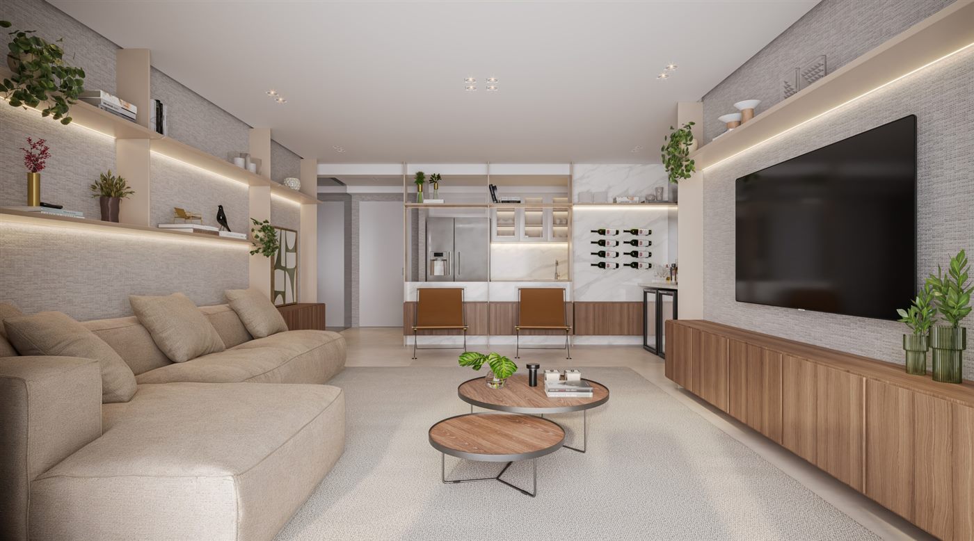 Living do apartamento decorado de 121 m², 3 suítes, Parque Diálogo Vila Ema Residences