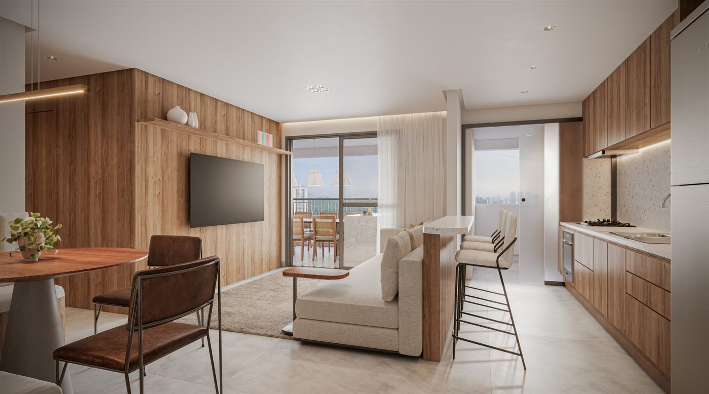 Living do apartamento decorado de 76 m², 2 dormitórios com 1 suíte, Parque Diálogo Vila Ema Residences