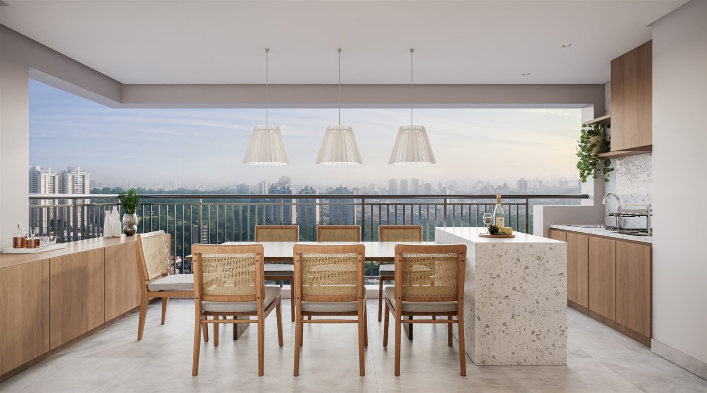 Terraço do apartamento decorado de 76 m², 2 dormitórios com 1 suíte, Parque Diálogo Vila Ema Residences