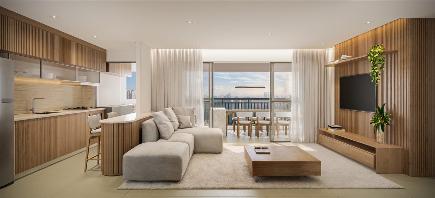 Living ampliado do apartamento decorado de 90 m², Parque Diálogo Vila Ema Residences