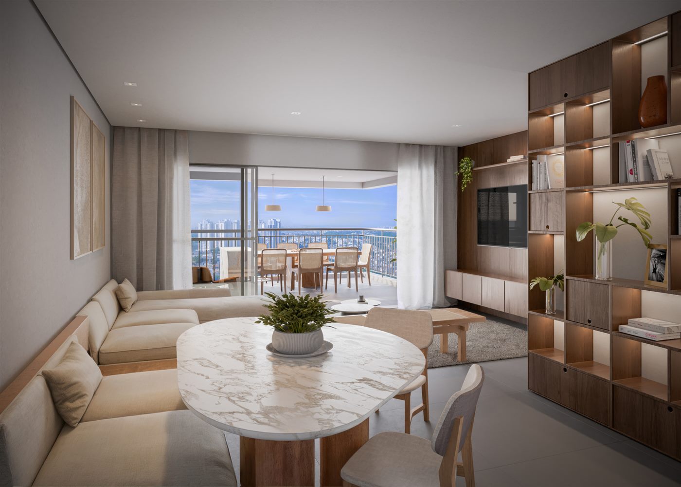 Living do apartamento decorado de 97 m², 3 dormitórios com 1 suíte, Parque Diálogo Vila Ema Residences