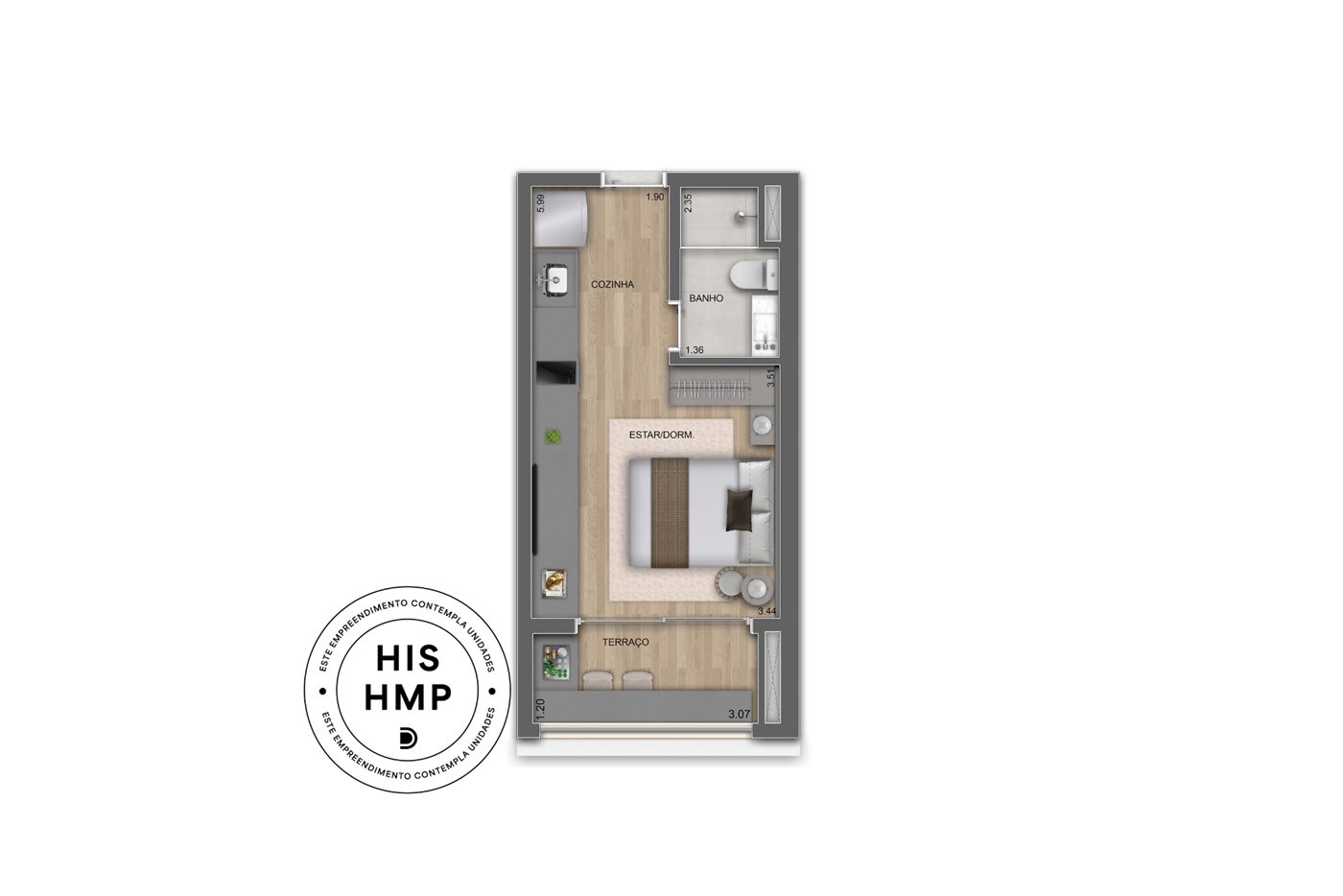 Planta — 28 m², Studio, Smart Spaces