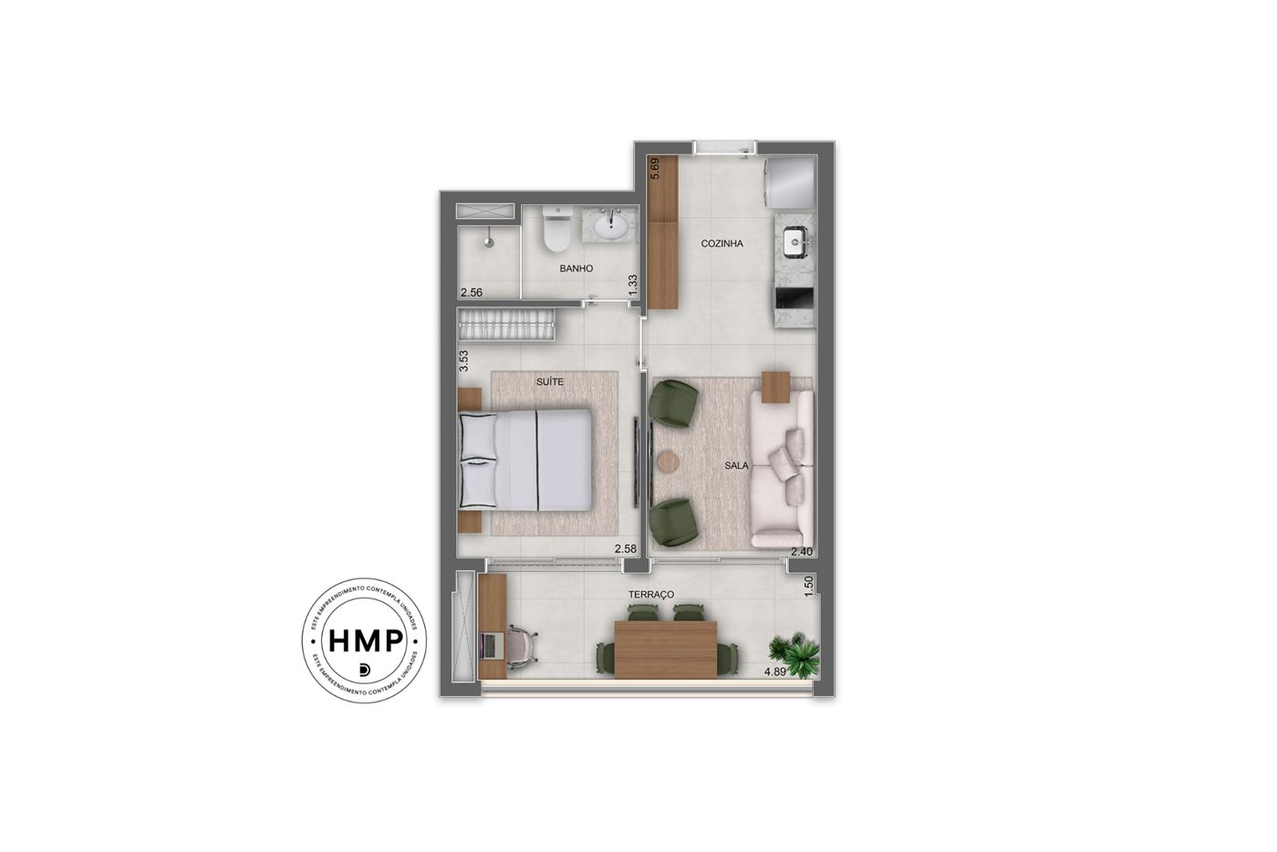 Planta — 39 m², 1 suíte, Smart Spaces