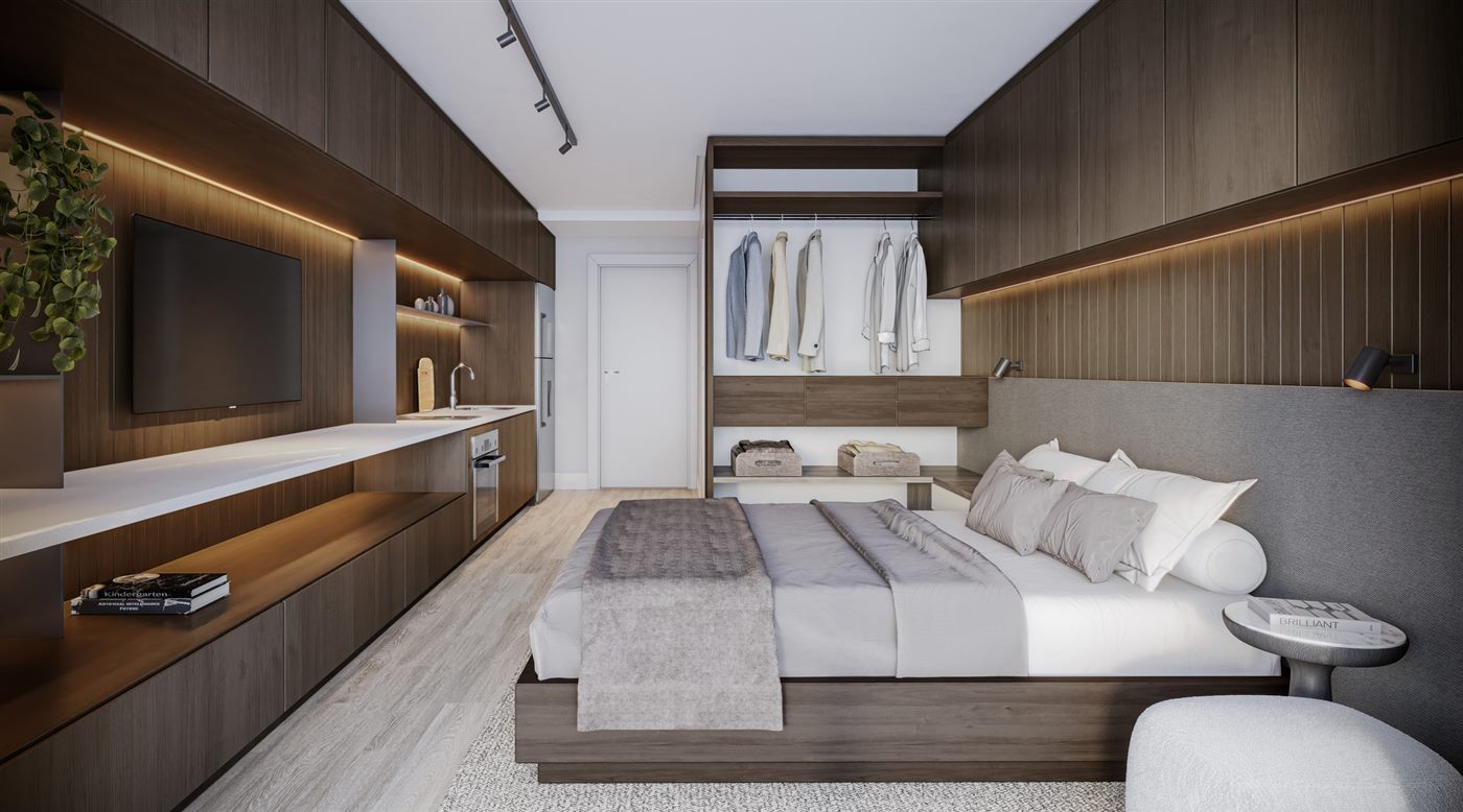 Living do apartamento decorado de 28 m², studio, Parque Diálogo Vila Ema Smart Spaces