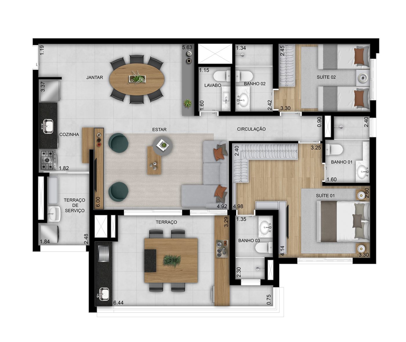 Planta — 108 m², 3 suítes com lavabo, opção ampliada, Residences