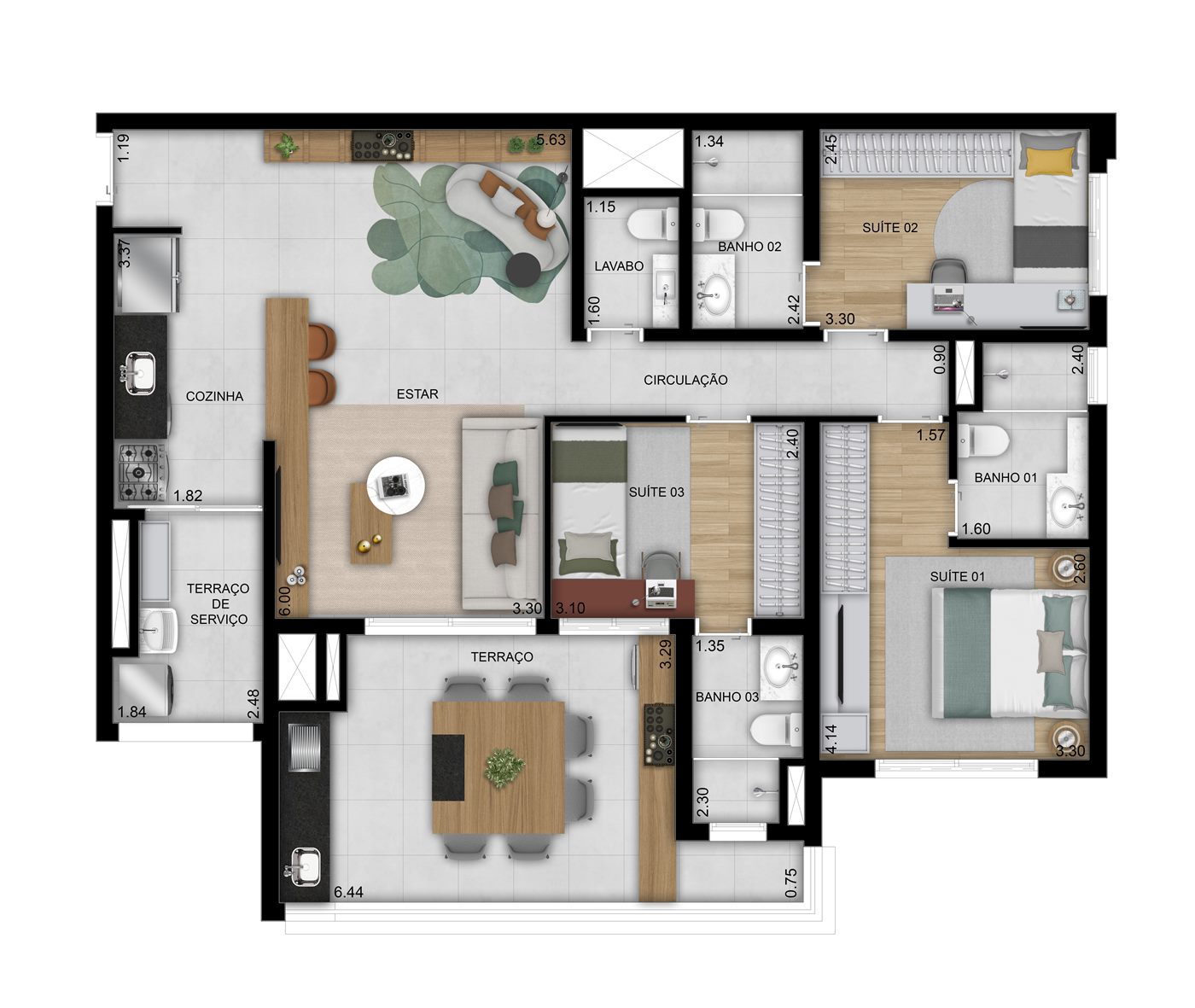 Planta — 108 m², 3 suítes com lavabo, padrão, Residences