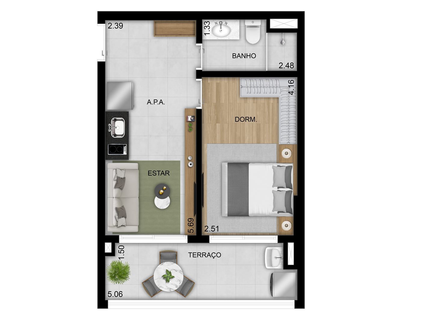 Planta — 40 m², 1 dormitório, Residences