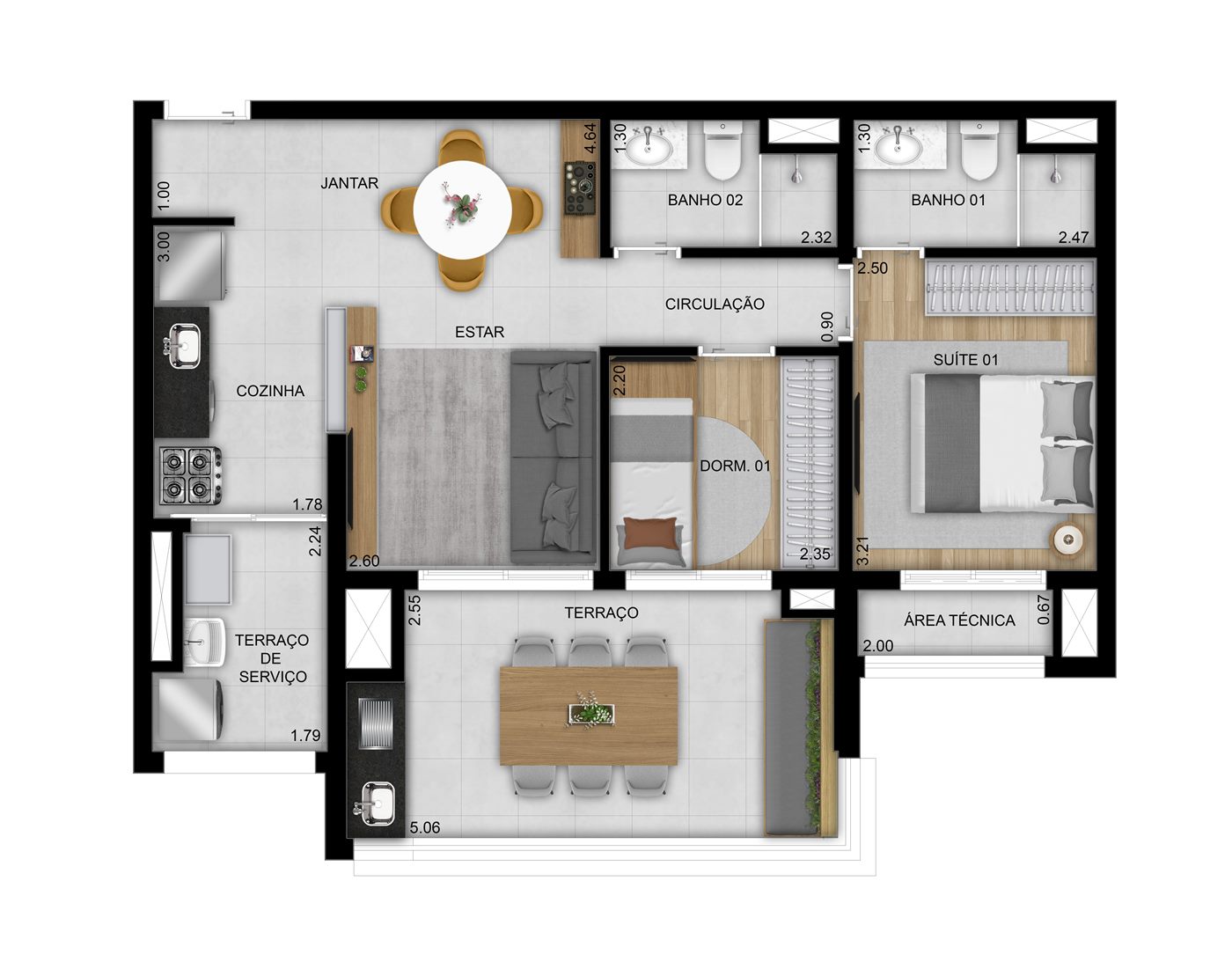 Planta — 69 m², 2 dormitórios (1 suíte), Residences