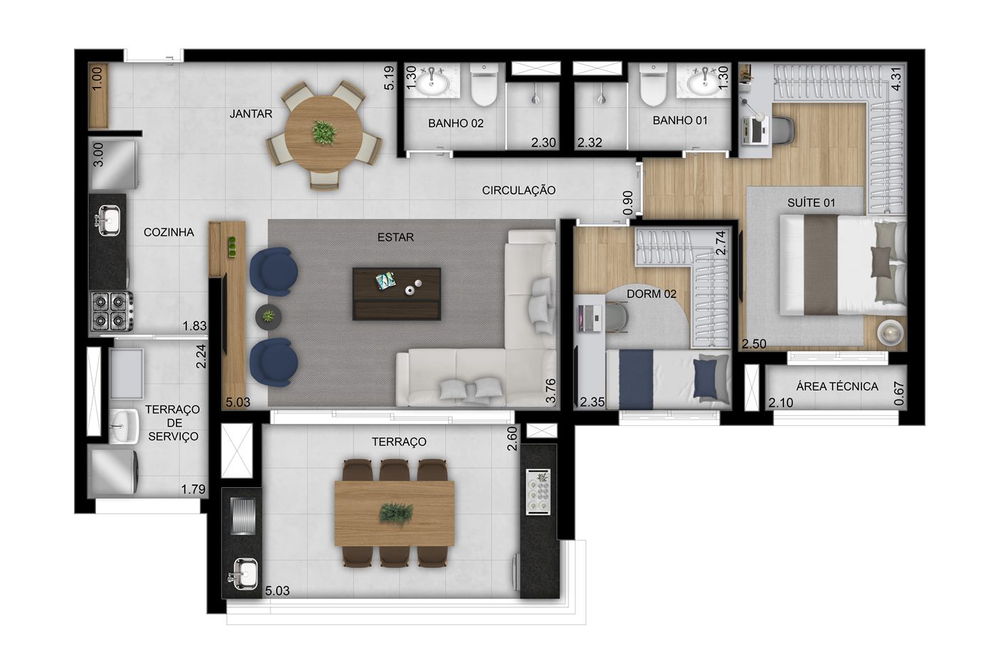 Planta — 86 m², 3 dormitórios (1 suíte), opção ampliada, Residences